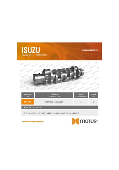 Motus 700 Krank Mılı Isuzu Sampıyon Npr66 Npr71 Otobus 4hf1 4hg1