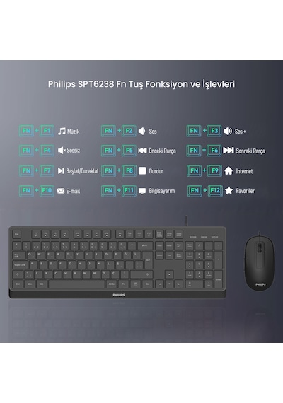 Philips SPT6238 Kablolu Türkçe Q Klavye ve Mouse Seti Siyah