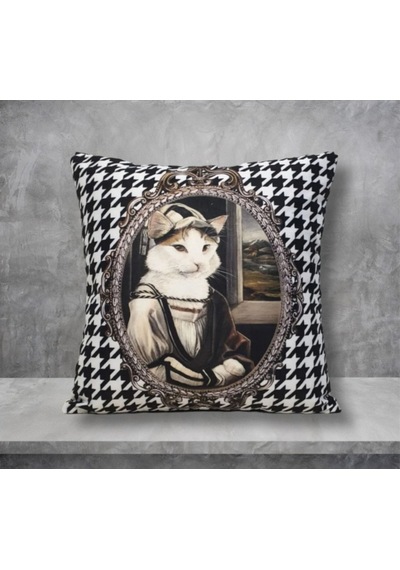 Şapkalı Kedi Kaz Ayağı Desen Kırlent Kılıfı Renkli