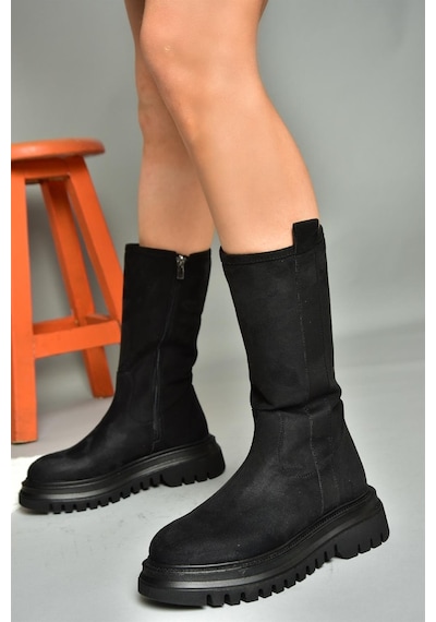 Fox Shoes R312104902 Siyah Süet Kalın Tabanlı Kadın Çizme Siyah