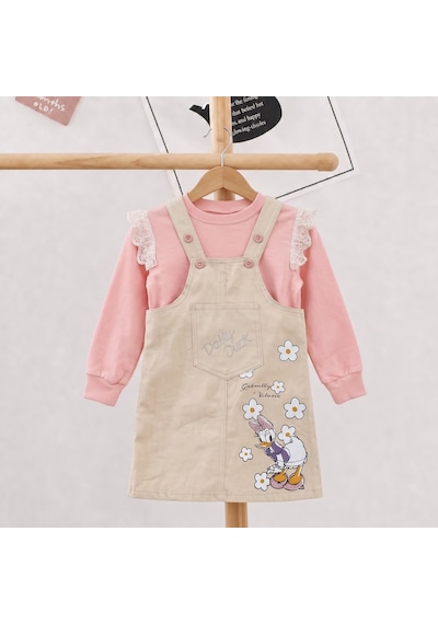 Nota Kids Kız Çocuk Çiçek Baskılı Gabardin Jile Elbise Takımı Dantel Detaylı Sweatshirtlü 2'li Takım Krem