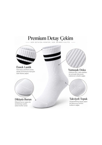 S'82 Unisex Beyaz Çorap Siyah Çizgili 6'lı Set Uzun Soket Günlük Spor Kolej Stil Rahat Kadın Erkek Çorabı