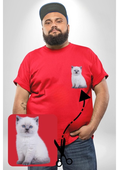 Angemiel Beyaz Yavru Kedi Kırmızı Büyük Beden Kadın Basic Minimal Baskılı Tişört Kırmızı