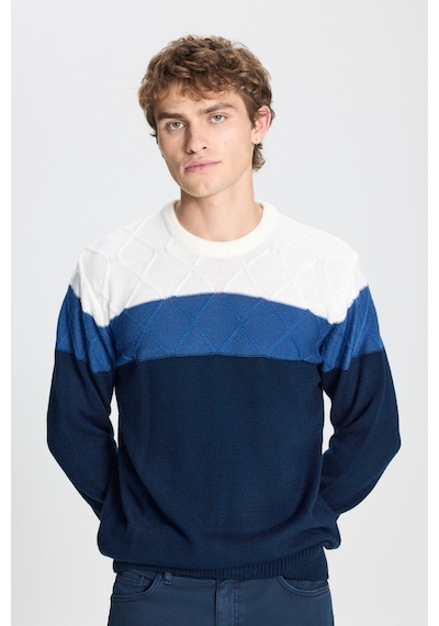 AC&Co / Altınyıldız Classics Erkek Ekru-lacı Standart Fit Normal Kesim Bisiklet Yaka Colorblock Desenli Yünlü Triko Kazak Ekru - Lacivert