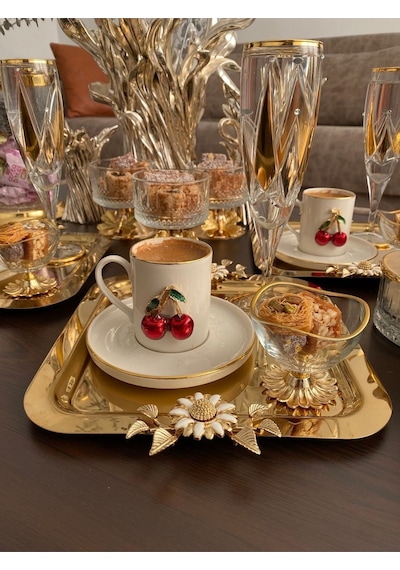 Atabey Home Collection 6'lı Kahve & Çay & Sunum Tepsisi Çelik Gold Tepsi Papatya Model