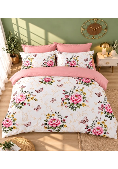 More Home Çift Kişilik Nevresim Takımı Lastikli Çarşaflı Botanik Bahçe Pembe