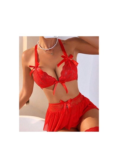 Mentra Online Özel Tasarım Kırmızı Dantelli Fiyonklu Şık Babydoll