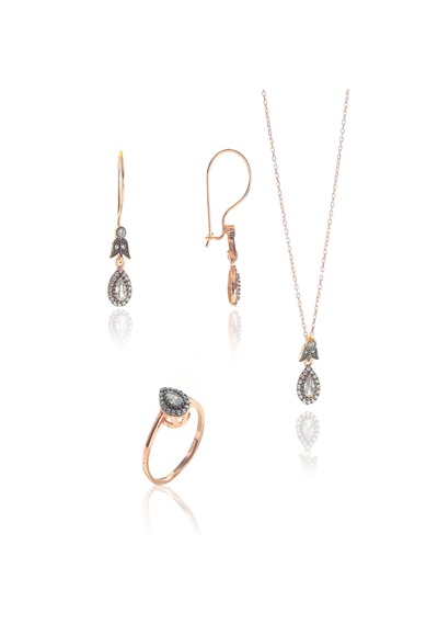 Gümüş Rose Zirkon Taşlı Elmas Montürlü Damla Set Barcode Rose Gold - Rodyum
