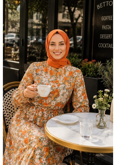 Hb Harma Time Butik Kadın Düğmeli Desenli Modal Turuncu Elbise Turuncu Turuncu