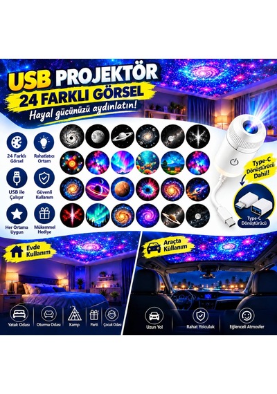 Mighty 24 Farklı Desenli Usb Led Projektör Gece Lambası 360 Derece Ayarlanabilir Yıldız Galaksi