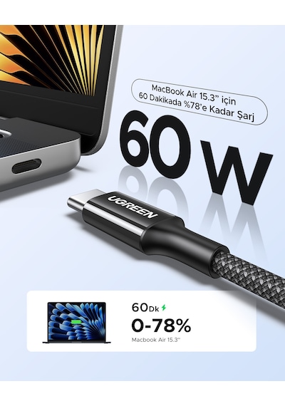 Ugreen USB-C 60W 3A QC PD Örgülü Hızlı Şarj Kablosu 1 M Siyah 35254