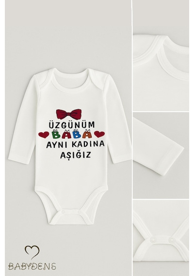 Babyden's Üzgünüm Baba Aynı Kadına Aşığız Baskılı %100 Pamuk Body Uzun Kollu Bebek Zıbını 0-24 Ay Body Beyaz