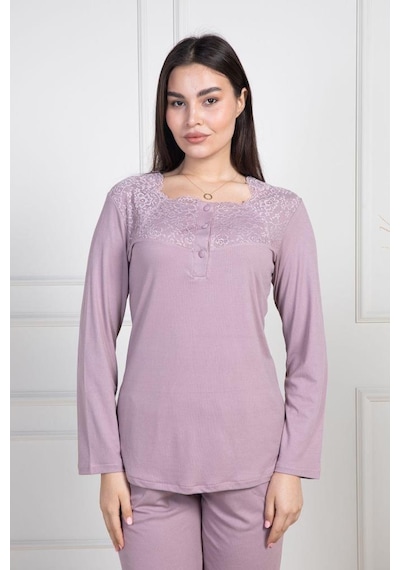 Mecit Pijama Mecit 6104 Bayan Gül Kurusu Büyük Beden Uzun Kollu Pijama Takımı Gülkurusu