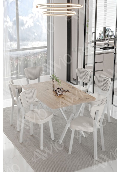 Avvio Lidyana Elma Sandalye 80x140 Yemek Masası Mutfak Masası 6 Kişilik Masa Sandalye Takım Akça