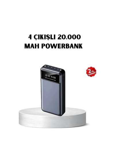 Powerbank 20000 Mah Hızlı Şarjlı Led Fenerli Ve 4 Portlu Gri