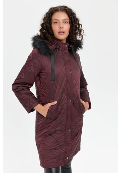 Desen Triko Desen Kapüşonlu Midi Oversize Kaban - Kışlık Bordo