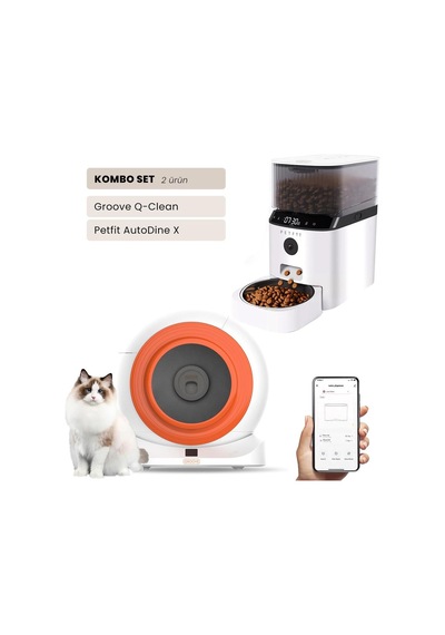 Groove Q-clean Wi-fi Akıllı Otomatik Kedi Tuvaleti Turuncu + Petfit Autodine X 5l Wi-fi Kameralı Akıllı Otomatik Mama Kabı Besleme Ünitesi Bundle