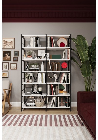 Asra Trend 6 Raflı Metal Kitaplık METALK02 %100 MDF İki Modüllü Geniş Kütüphane Beyaz