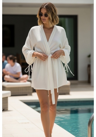 Combattente Exclusive Products Yeni Sezon Müslin Kimono - Bağlamalı Kol Detayı, Lüks Oversize Kadın Kimono - Oeko-tex Sertifikalı Kumaş Beyaz
