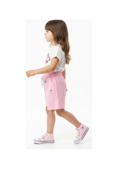 Toontoy Kids Toontoy Kız Çocuk 2'li Şortlu Takım Bisiklet Yaka Kısa Kollu Baskılı Tişört Beli Bağlamalı Baskılı Şort 25034 Ekru