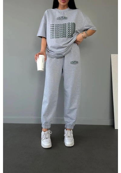 Couture Club T-shirt Eşofman Altı Jogger- Gri Baskılı Alt Üst Eşofman Takım Oversize Bisiklet Yaka Koyu Gri