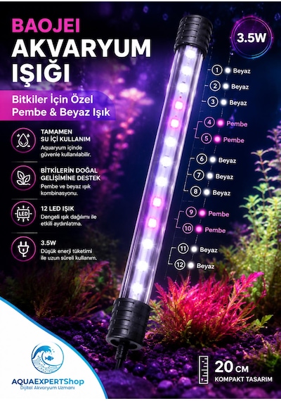 Akvaryum Işığı - Bitki Işığı - Balık Işığı - Tamamen Su İçinde Kullanılabilir - 12 Led - Pembe Beyaz - 20 Cm - Güçlü Aydınlatma - 3.5w