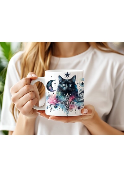 Kozmik Siyah Kedi Kupa Bardak - Spiritüel Kedi Tasarım - Yıldız Ve Hilal Baskılı Sanatsal Hediye Beyaz