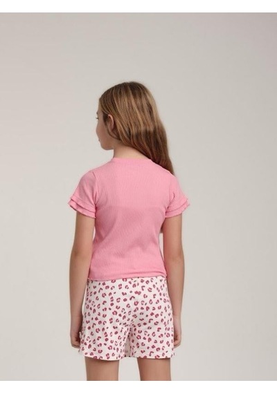 Escabel Kız Çocuk Pamuklu Kolları Kısa Fırfırlı T-shirt-15611 Pembe