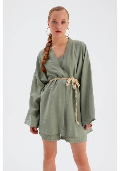 Sateen Kuşak Detaylı Salaş Kimono- Yeşil