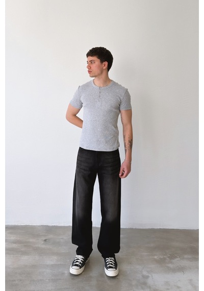 Flaw Düğmeli Fitilli Tişört-29171 Gri