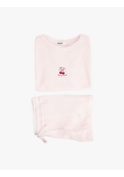 Koton Kiraz Detaylı Bisiklet Yaka Kısa Kollu Dokulu Pijama Takımı Pembe 6slk40086mk Gül
