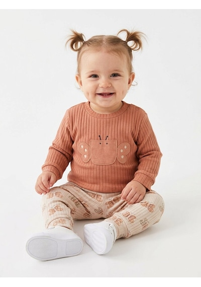 HelloBaby Pamuklu Kelebek Detaylı Taytlı 2li Kız Bebek Takım Kahverengi