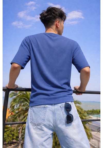 Tarz Cool Erkek Jakarlı Oversize Tişört Bisiklet Yaka Rahat Kalıp Yazlık Basic T-shirt Lacivert