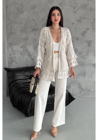 Noa & Noa Kadın Desenli Açık Örgü Hırka Romantik & Modern Stil Ekru