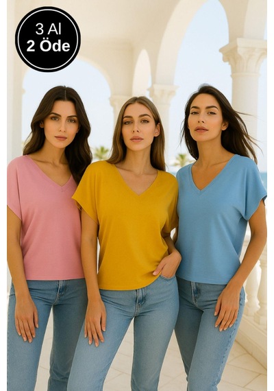 Kadın 3'lü Paket Pembe-mavi-hardal Viskon Ön Arka V Yakalı T-shirt Yarasa Kol Relaxed Bluz Çok Renkli