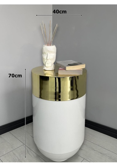 Dekoratif Gold Darbuka Parlak Beyaz Sehpa 70cm