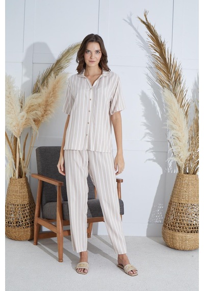 Sevim Kadın Kısa Kol Önden Düğmeli Bej Pijama Takım C6t1n951 001
