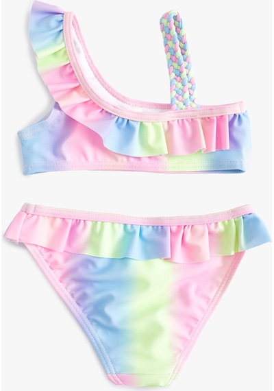 Koton Bikini Takımı Fırfırlı Tek Omuz İnce Askılı Pembe Desenli 4skg00002mm Pembe