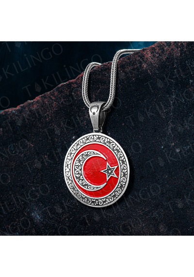 925 Ayar Gümüş Granür İşlemeli Kırmızı Ayyıldız Model Erkek Kolye Gümüş