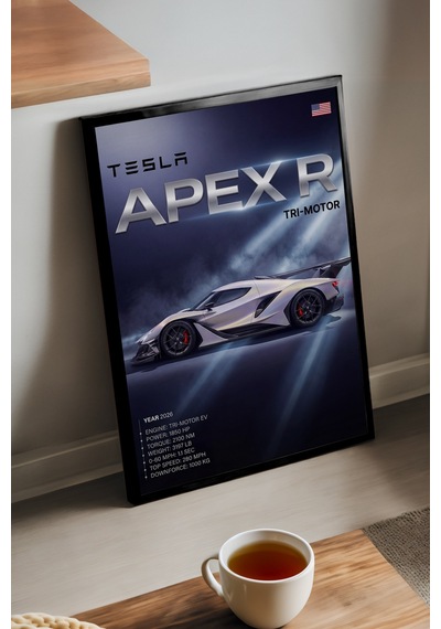 Tesla Apex R Siyah Ahşap Çerçeveli Poster, Dekoratif Araba Duvar Tablosu