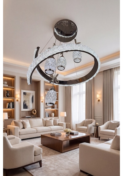 Vega 4 Top Kristal Led Sarkıt Salon Avizesi Modern Halka Tasarım Çok Renkli