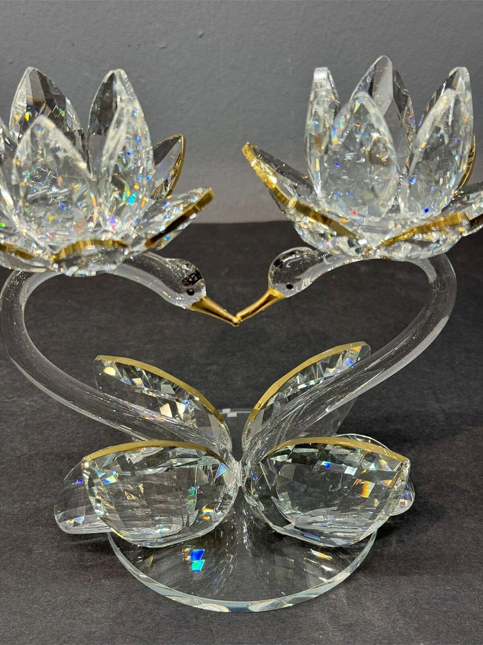 Dekoratif Kristal Cam Ikili Lotus Kuğulu Kalp Şamdan Gold
