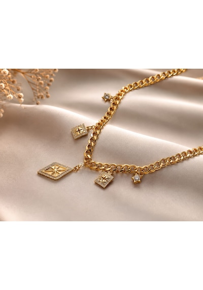 Kadın Gold Renk Çelik Zincir Kolye- Taşlı Yıldız Ve Geometrik Charm Detaylı Şık Kolye Altın