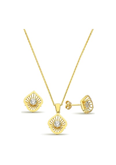 18k Altın Kaplamalı Zirkon Taşlı 925 Ayar Gümüş Set - 67018102 Altın