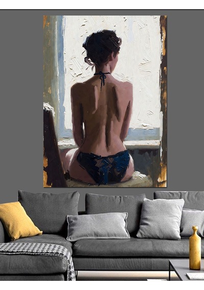 Ahşap Tablo Sırtı Dönük İç Çamaşırlı Seksi Kadın Yağlı Boya Çalışması