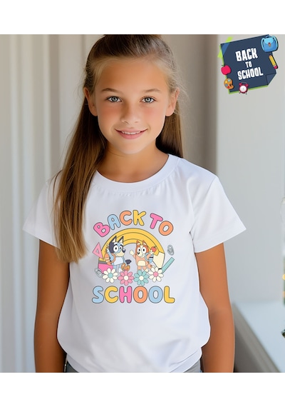 Aselinda Bluey Baskılı Back To School Unisex Çocuk Tişört-okula Dönüş Baskılı Çocuk Tişört Beyaz