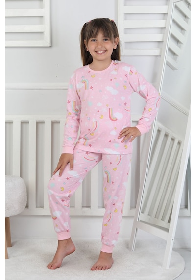 Cute Dreams Pattern Uzun Kollu Kız Çocuk Pijama Takımı Pembe