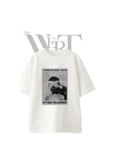 Thewert Blindfolded Eyes Closed Tasarım Baskılı Ünisex Beyaz Oversize T-shirt
