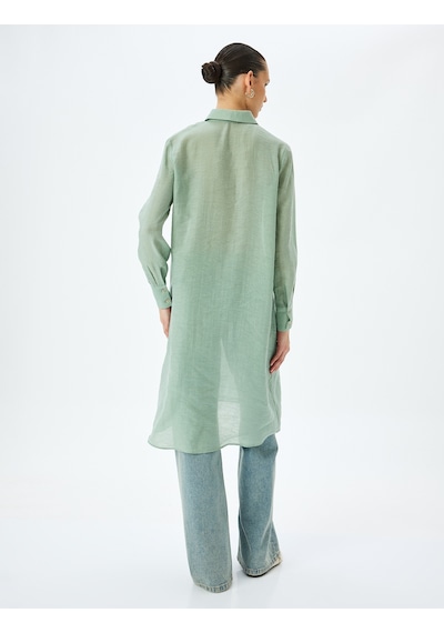 Koton Cepli Düğmeli Gömlek Yaka Keten Karışımlı Uzun Oversize Tunik Yeşil 5sak60170uw Yeşil
