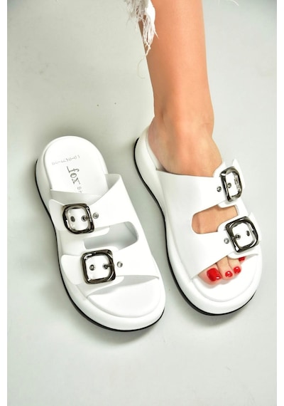 Fox Shoes U296445003 Beyaz Kadın Terlik Beyaz-hakiki Deri